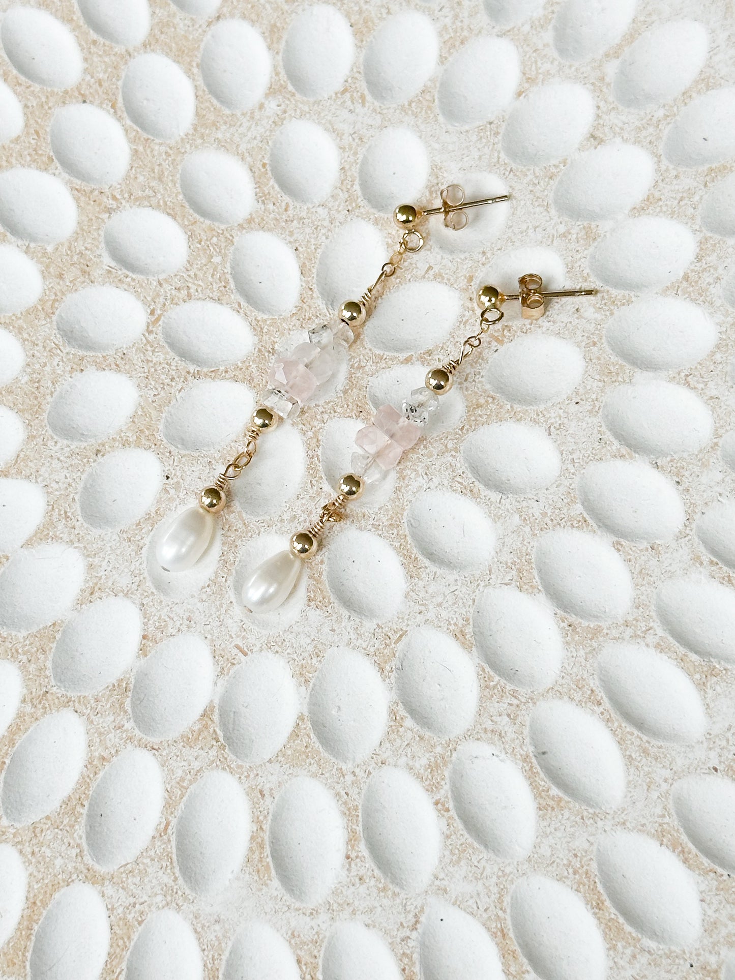 Bellini 14K Filled Gold, Herkimer Diamond, Rose Quartz and Genuine Freshwater Pearl Drop Earrings