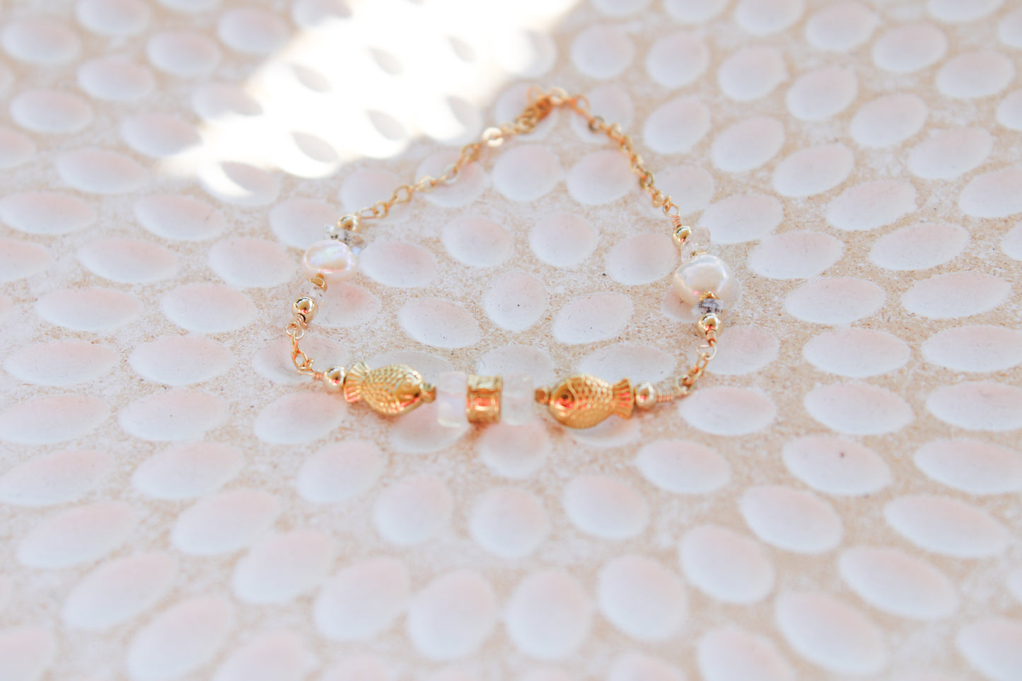 Dagon 14K Filled Gold, Genuine Freshwater Pearl, Moonstone & Herkimer Diamond Tribal Fish Bracelet
