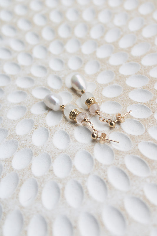 Rome 14K Filled Gold, Moonstone, Rose Quartz and Genuine Freshwater Pearl Drop Earrings