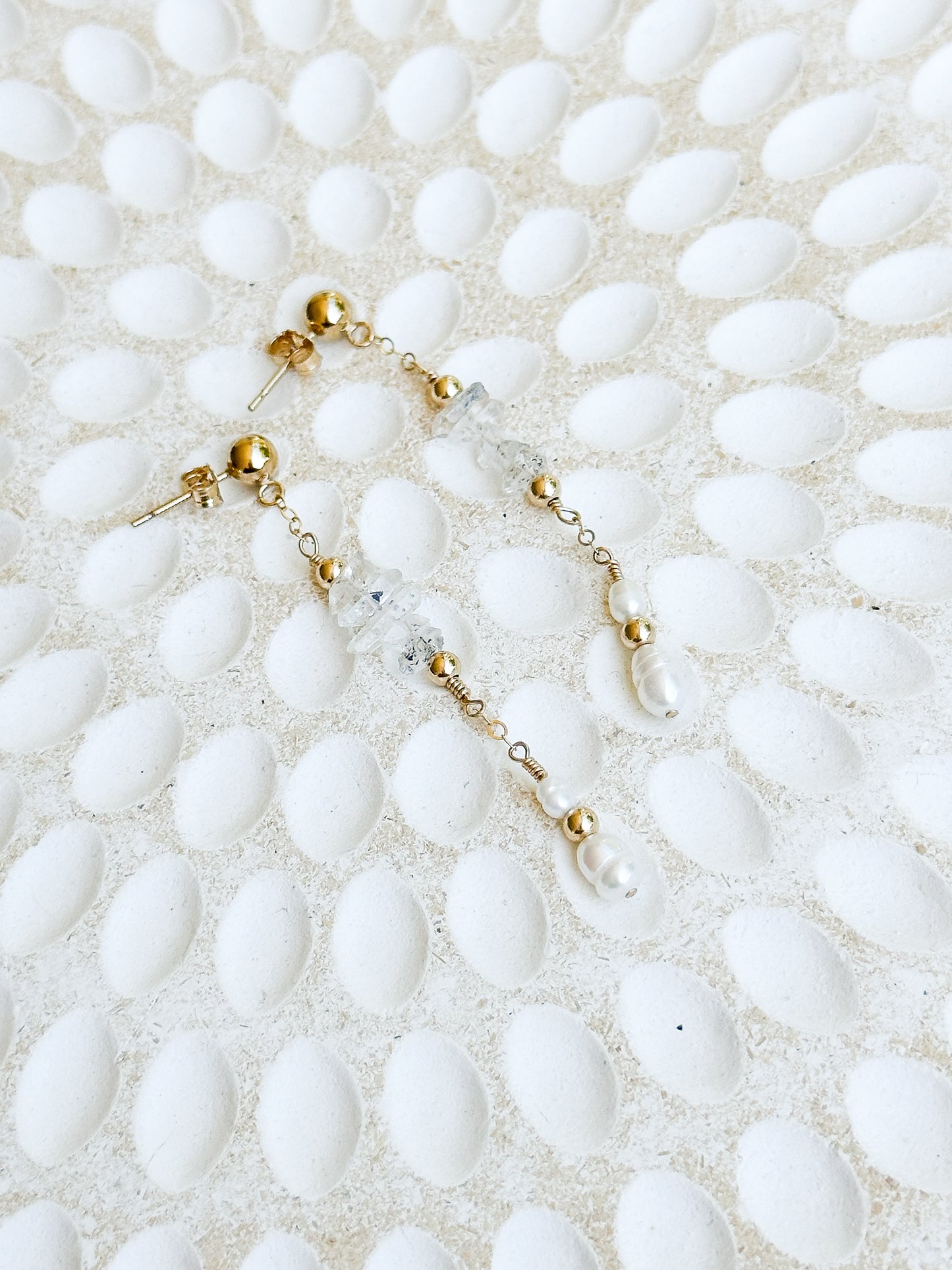 Bridgette 14K Filled Gold, Herkimer Diamond and Genuine Freshwater Pearl Drop Earrings