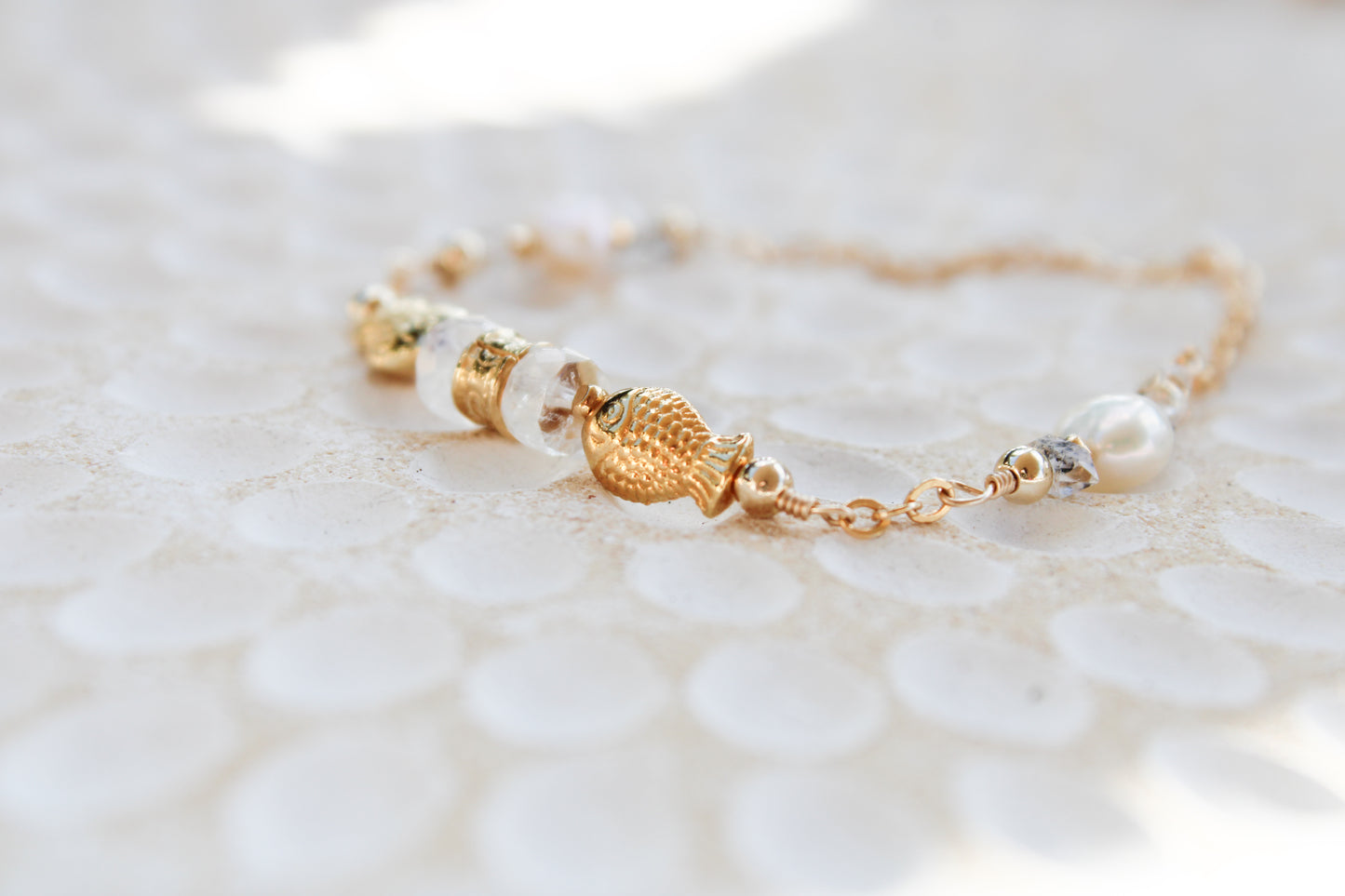 Dagon 14K Filled Gold, Genuine Freshwater Pearl, Moonstone & Herkimer Diamond Tribal Fish Bracelet