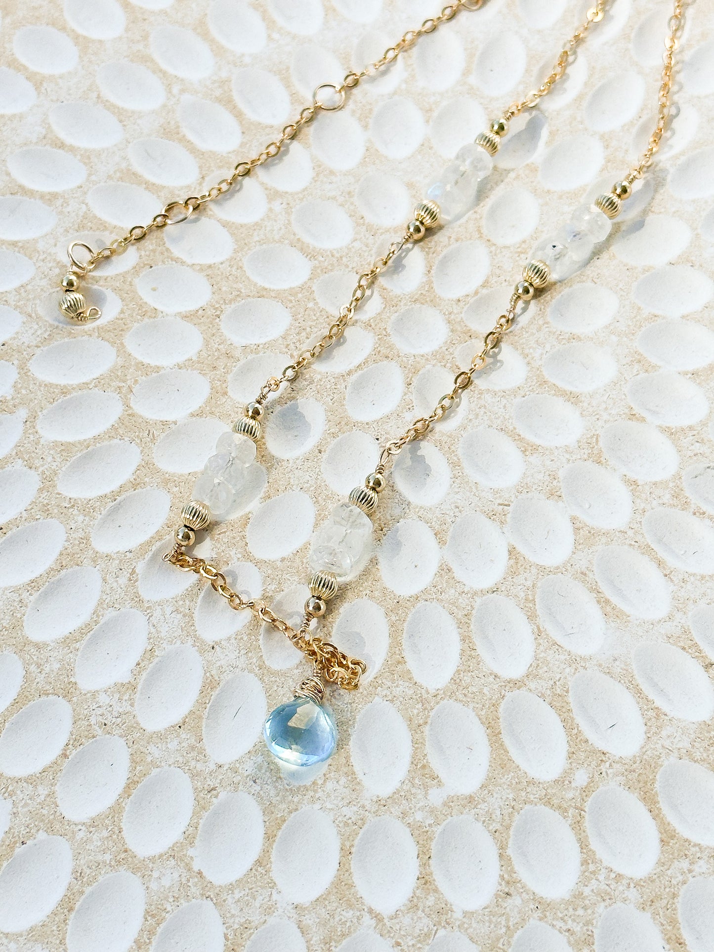 “Silent Heart “ Blue Topaz & Moonstone 14k Gold Filled Necklace
