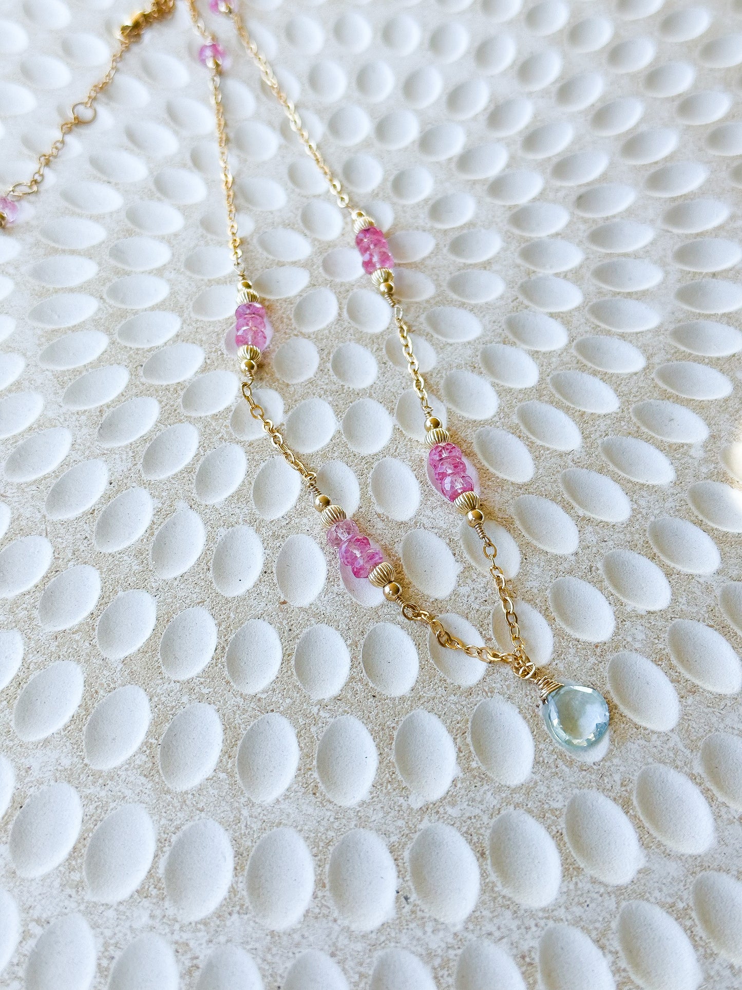 “Sweet Serenity” Pink Topaz & Blue Topaz 14k Gold Filled Necklace