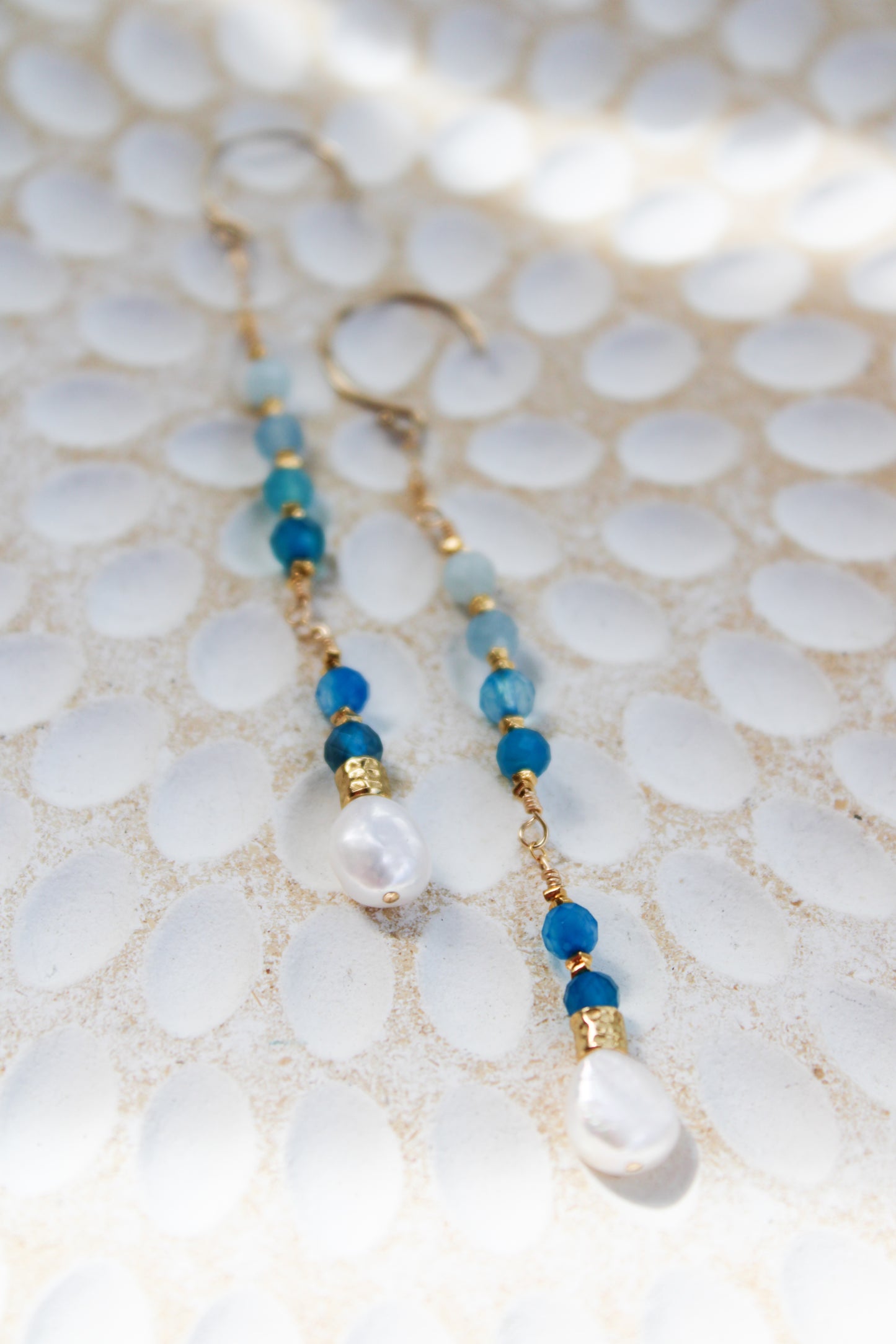 Indigo 14K Filled Gold, Genuine Freshwater Pearl, Blue Agate & Aquamarine Drop Earrings