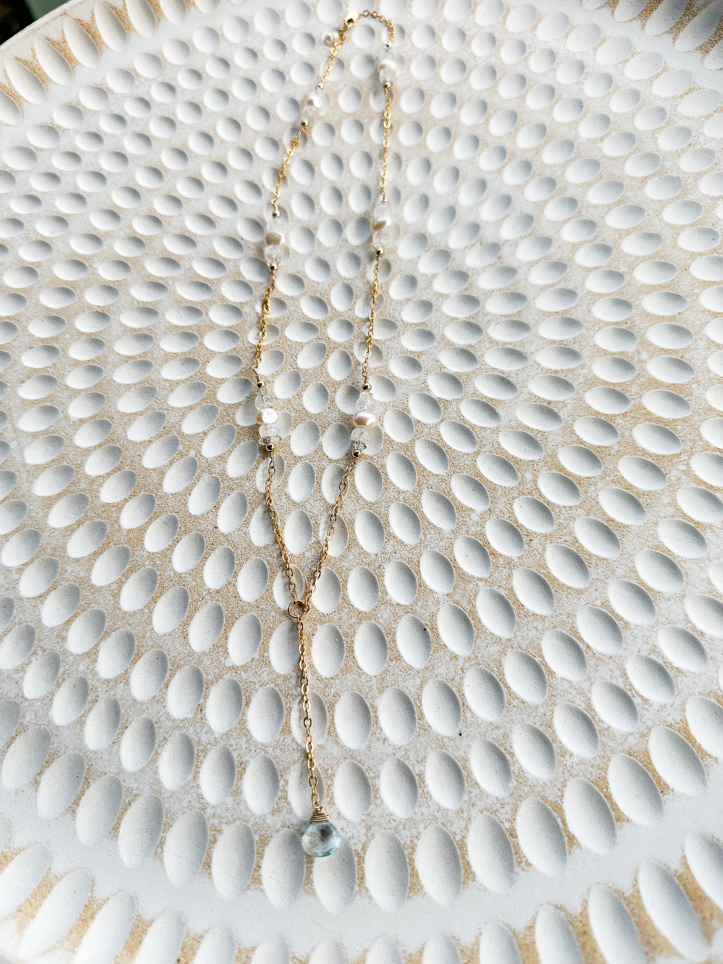 Arwen 14K Filled Gold, Herkimer Diamond, Moonstone, Blue Topaz & Genuine Freshwater Pearl Lariat Necklace