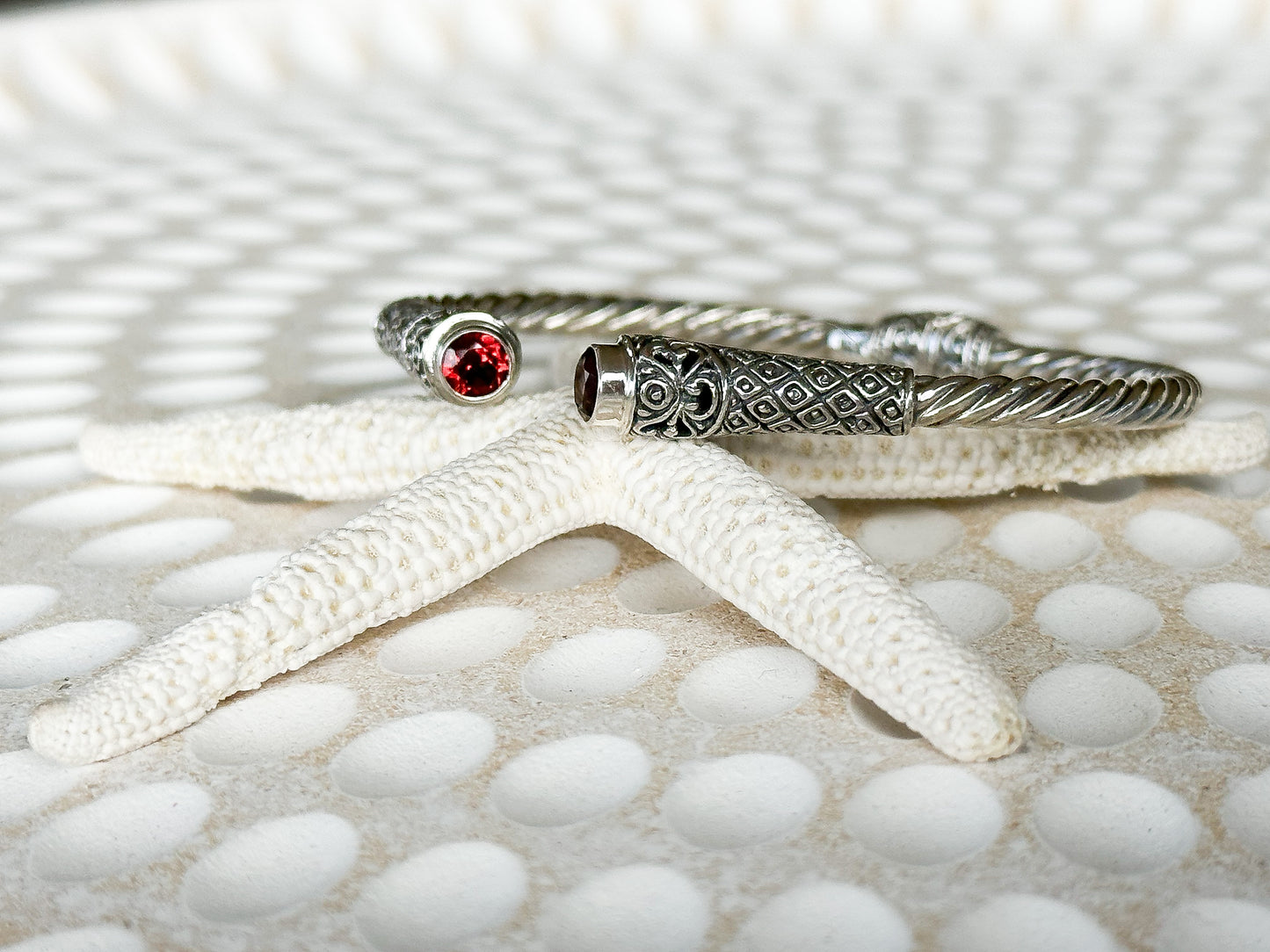 Sterling Silver & Garnet Balinese Gana Cuff