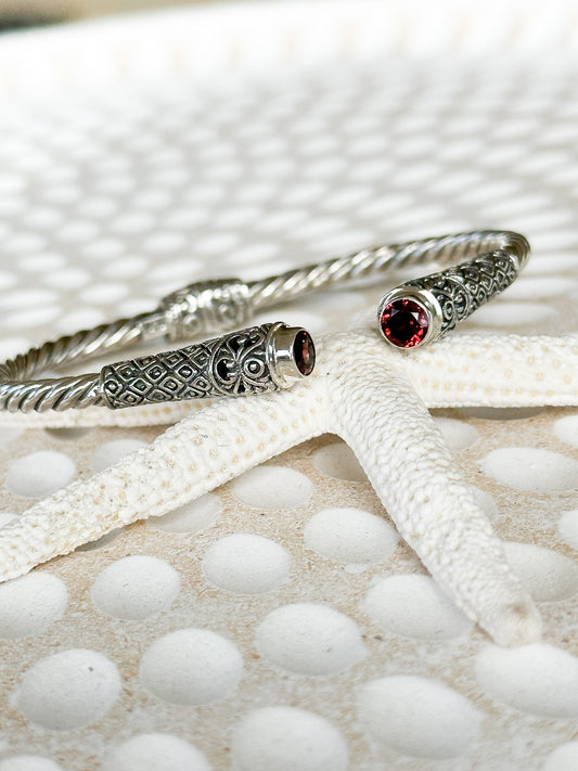 Sterling Silver & Garnet Balinese Gana Cuff