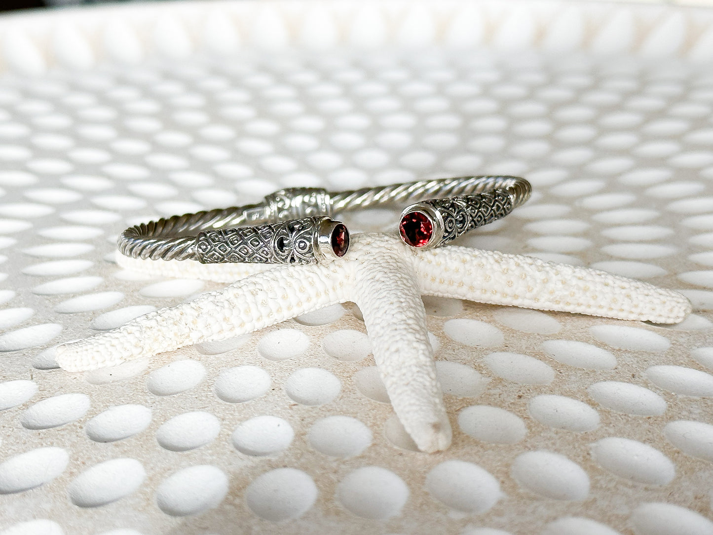 Sterling Silver & Garnet Balinese Gana Cuff