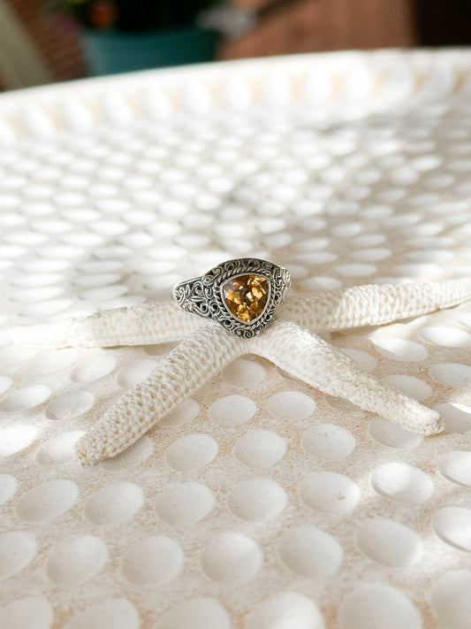 Sterling Silver and Citrine Balinese Triangle Ring