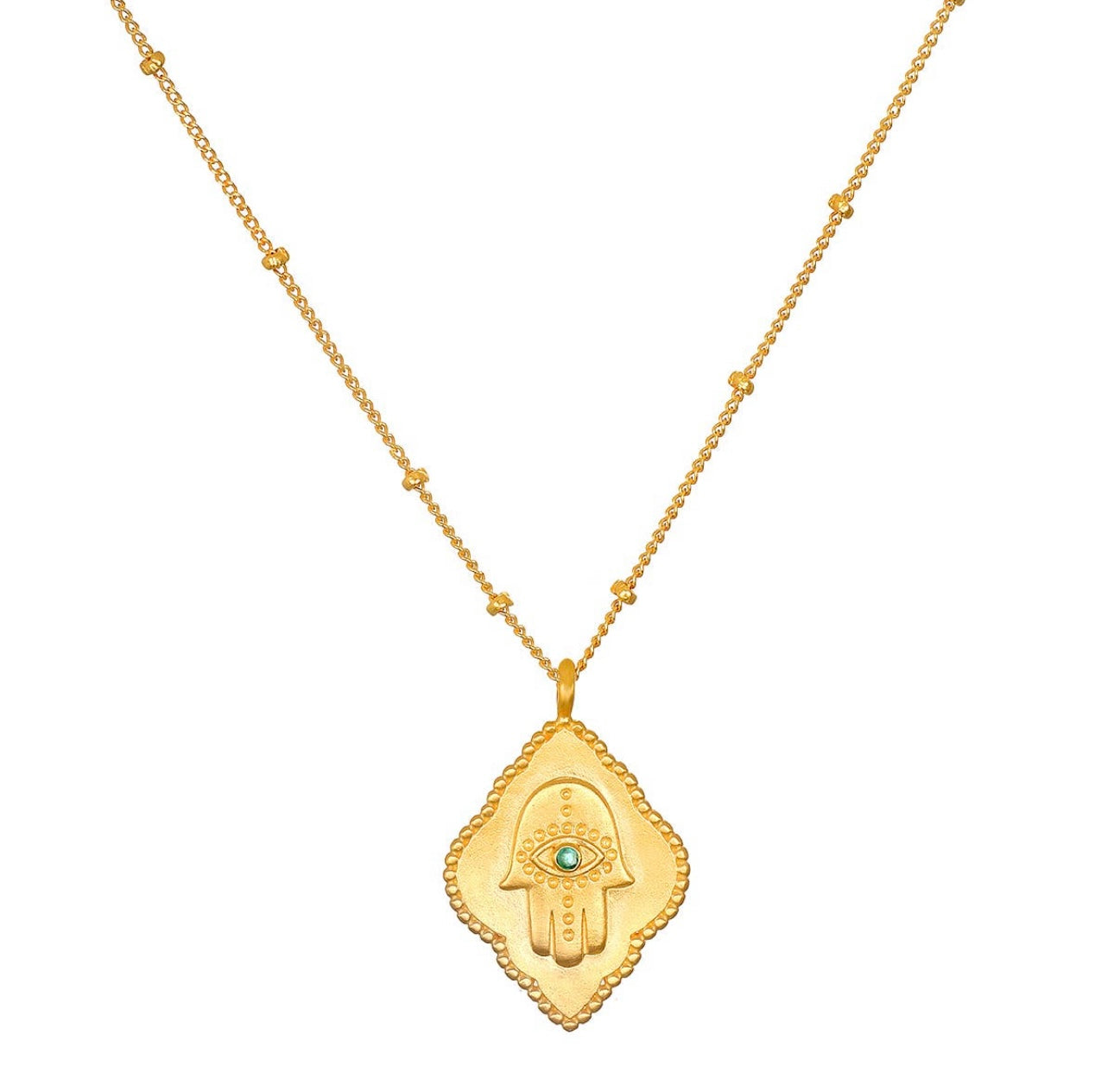 Cradled in Protection Gold and Emerald Hamsa Amulet Necklace