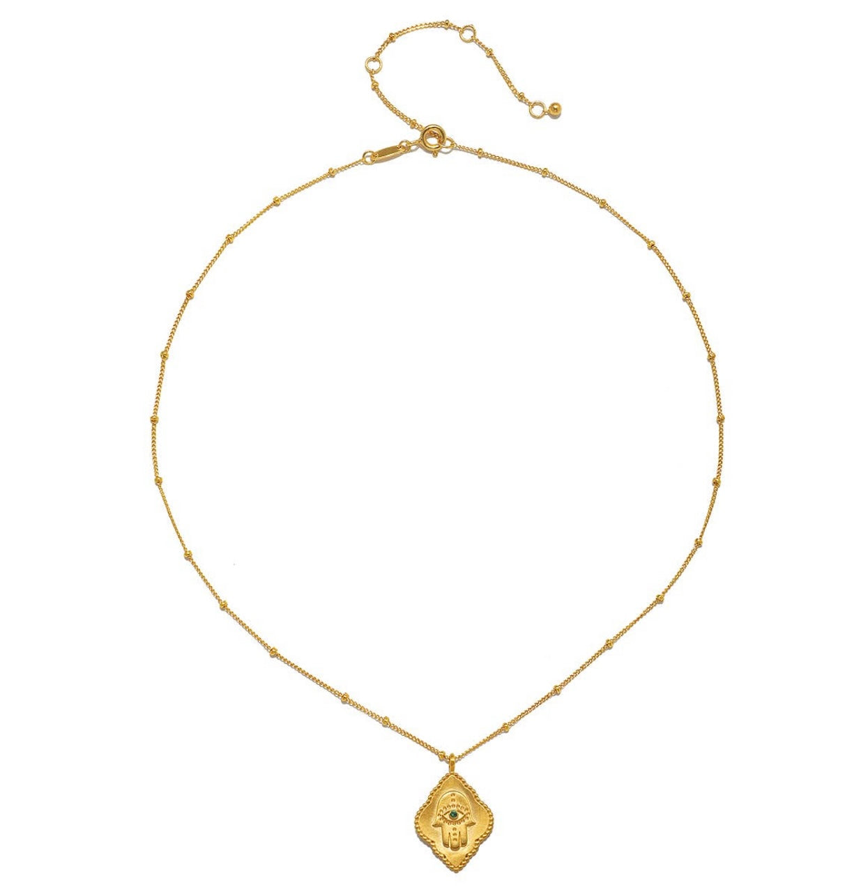 Cradled in Protection Gold and Emerald Hamsa Amulet Necklace