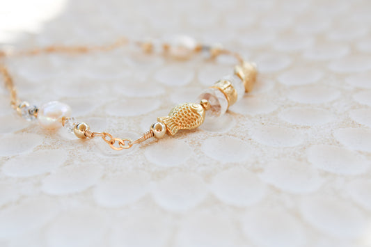 Dagon 14K Filled Gold, Genuine Freshwater Pearl, Moonstone & Herkimer Diamond Tribal Fish Bracelet