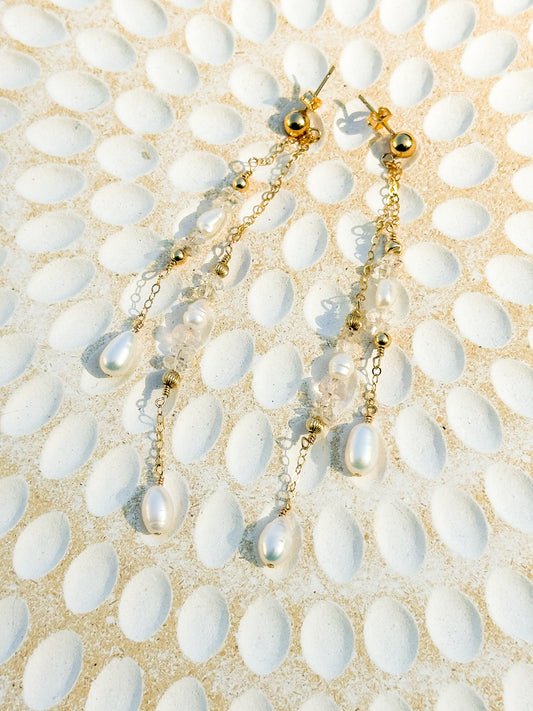 Ophelia 14k Filled Gold, Herkimer Diamond, Rose Quartz & Genuine Freshwater Pearl Drop Earrings