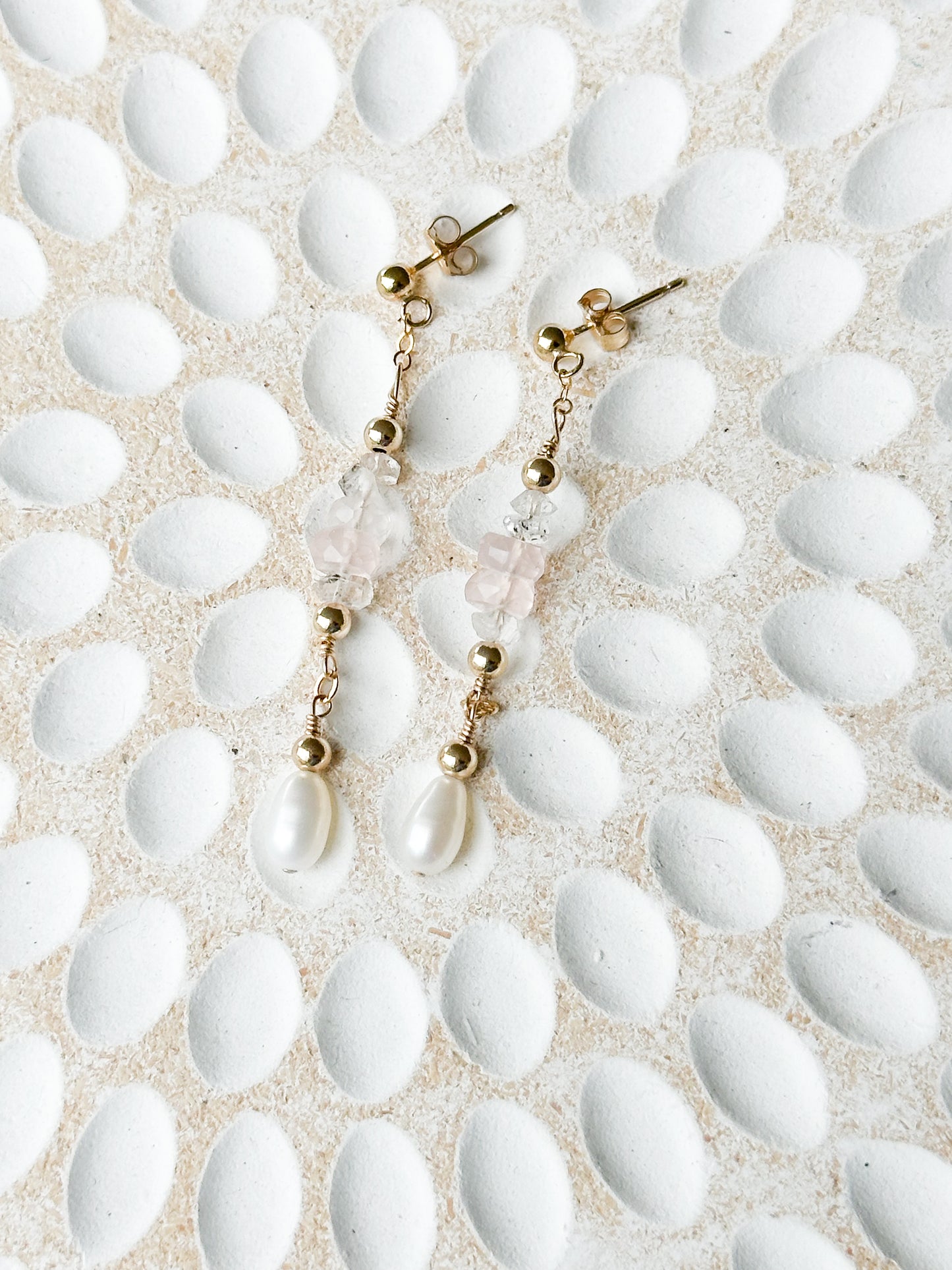 Bellini 14K Filled Gold, Herkimer Diamond, Rose Quartz and Genuine Freshwater Pearl Drop Earrings