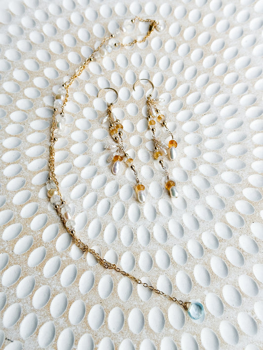 Arwen 14K Filled Gold, Herkimer Diamond, Moonstone, Blue Topaz & Genuine Freshwater Pearl Lariat Necklace