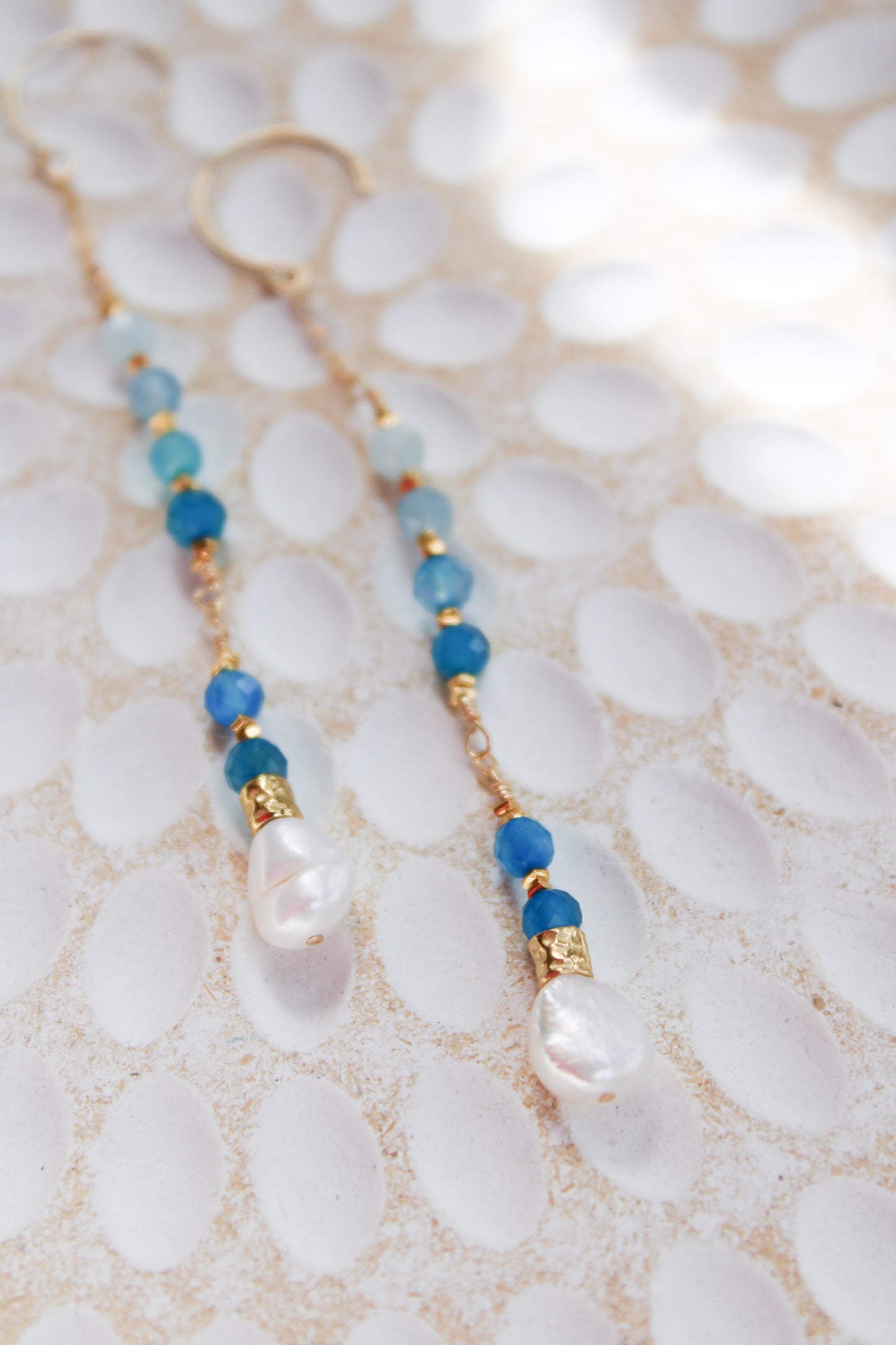 Indigo 14K Filled Gold, Genuine Freshwater Pearl, Blue Agate & Aquamarine Drop Earrings
