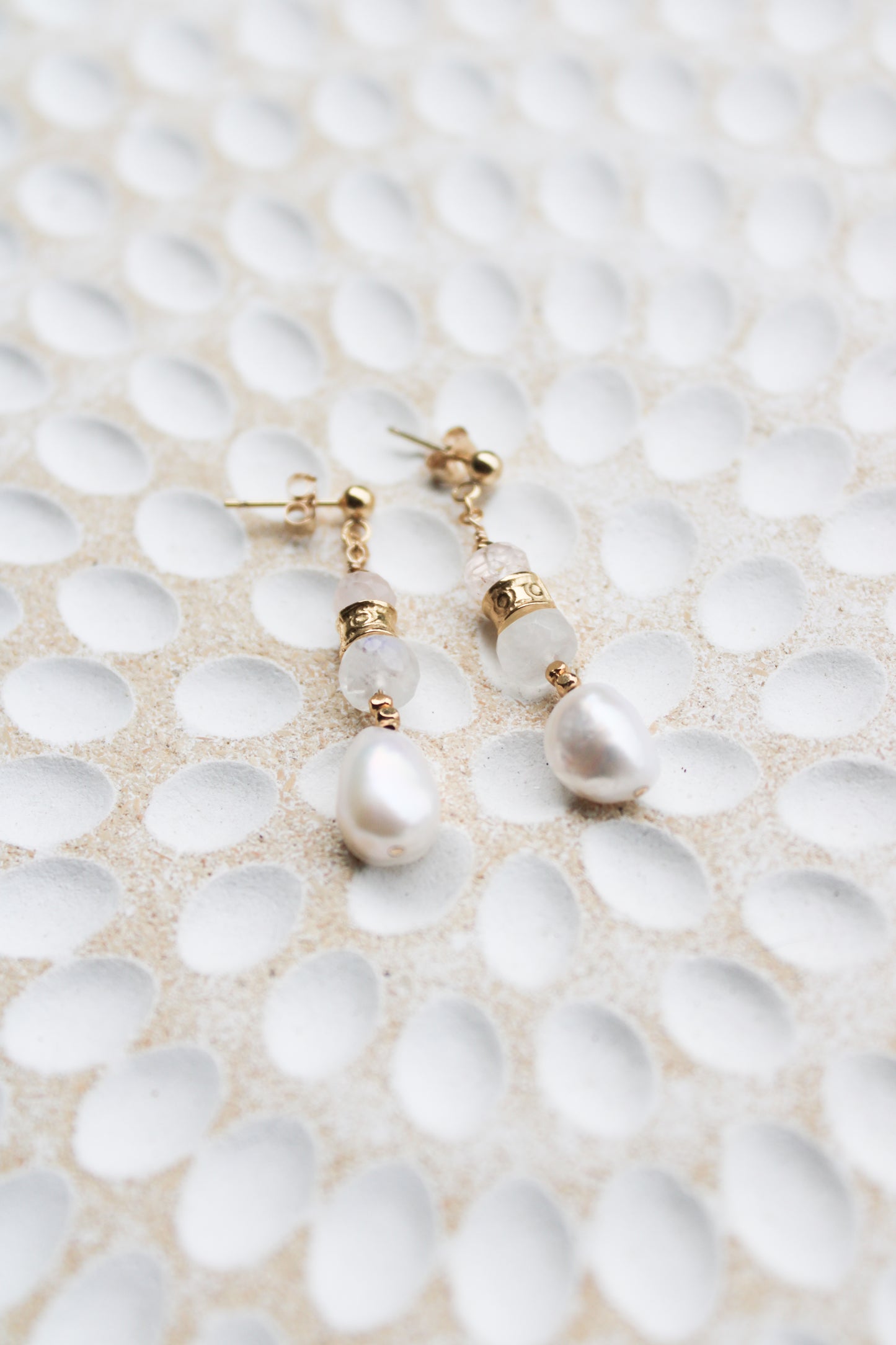 Rome 14K Filled Gold, Moonstone, Rose Quartz and Genuine Freshwater Pearl Drop Earrings