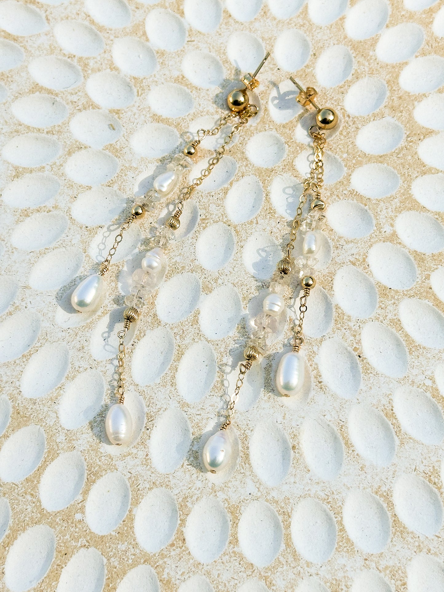 Ophelia 14k Filled Gold, Herkimer Diamond, Rose Quartz & Genuine Freshwater Pearl Drop Earrings