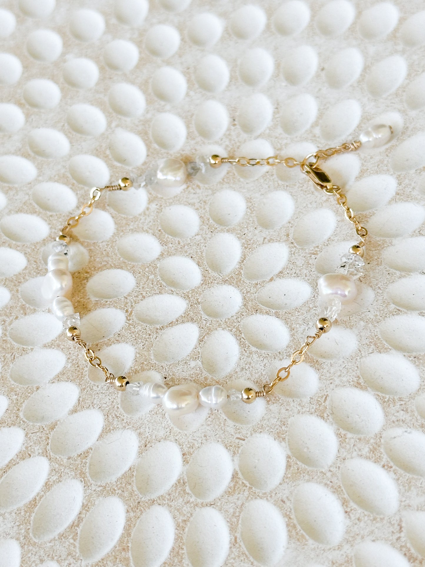 Juno 14K Filled Gold, Herkimer Diamond and genuine Freshwater Pearl Bracelet