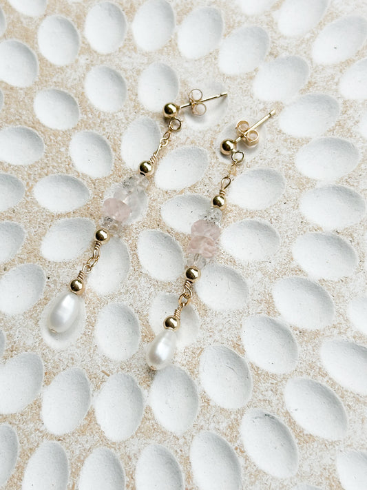 Bellini 14K Filled Gold, Herkimer Diamond, Rose Quartz and Genuine Freshwater Pearl Drop Earrings