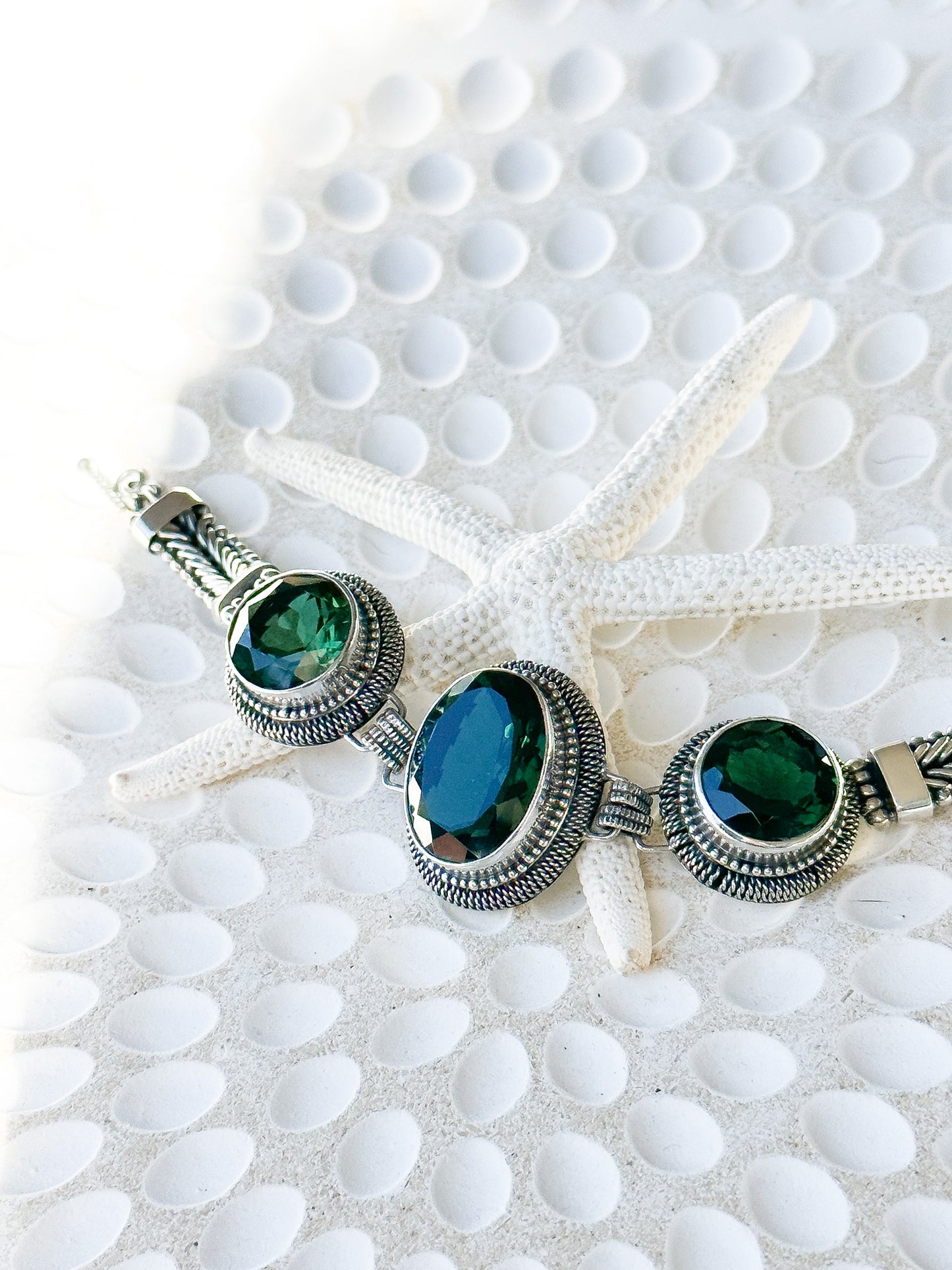 Green Quartz & Sterling Silver Balinese Bracelet