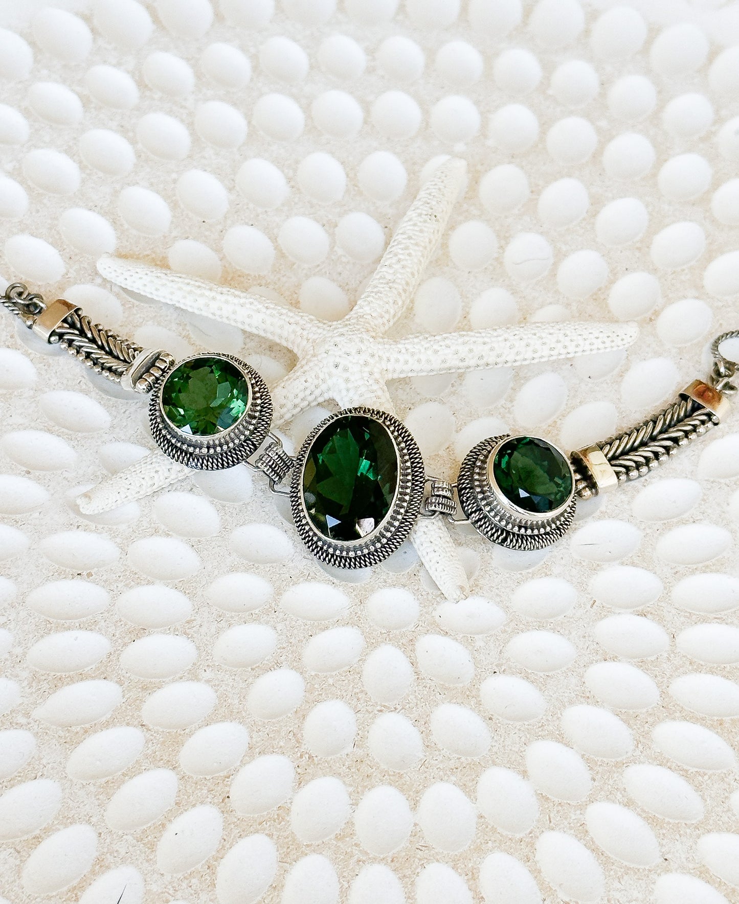 Green Quartz & Sterling Silver Balinese Bracelet